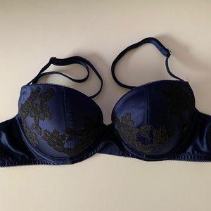 Gorgeous Satin Navy and Black Lace Balconette Bra